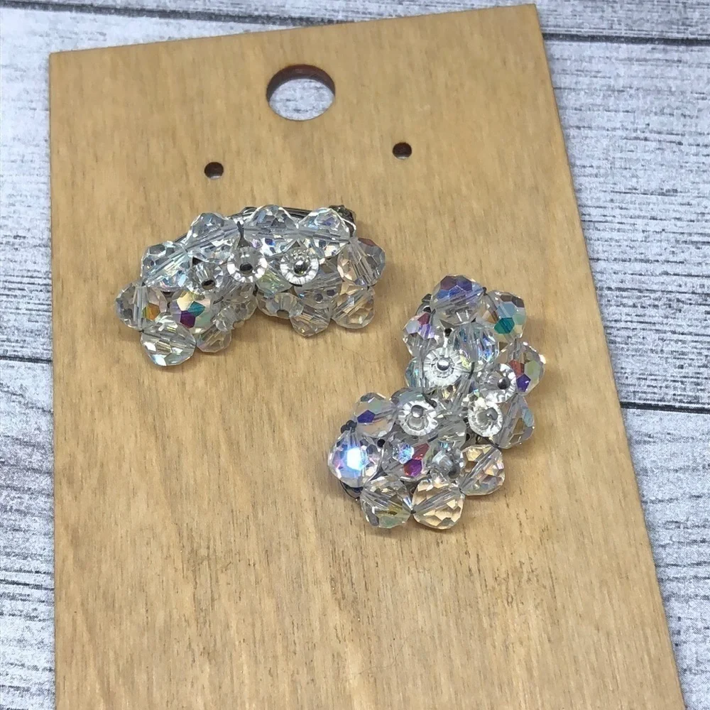 Vintage AB Aurora Borealis crystal statement clip on earrings-retro glam.
